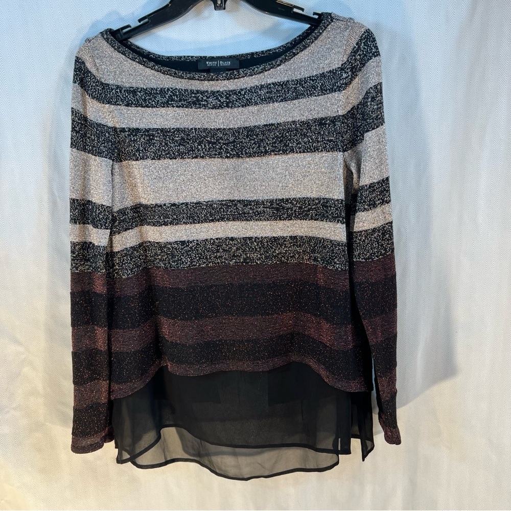 White House Black Market Black Mauve Metallic Split Back Chiffon Hem Top XS 👍
